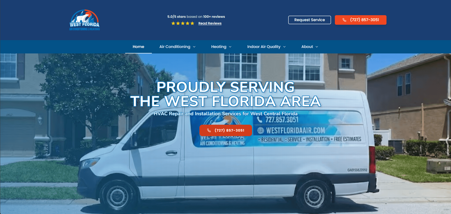 West Florida Air homepage showing SEO-optimized content structure with clear headings, service descriptions, and FAQ section