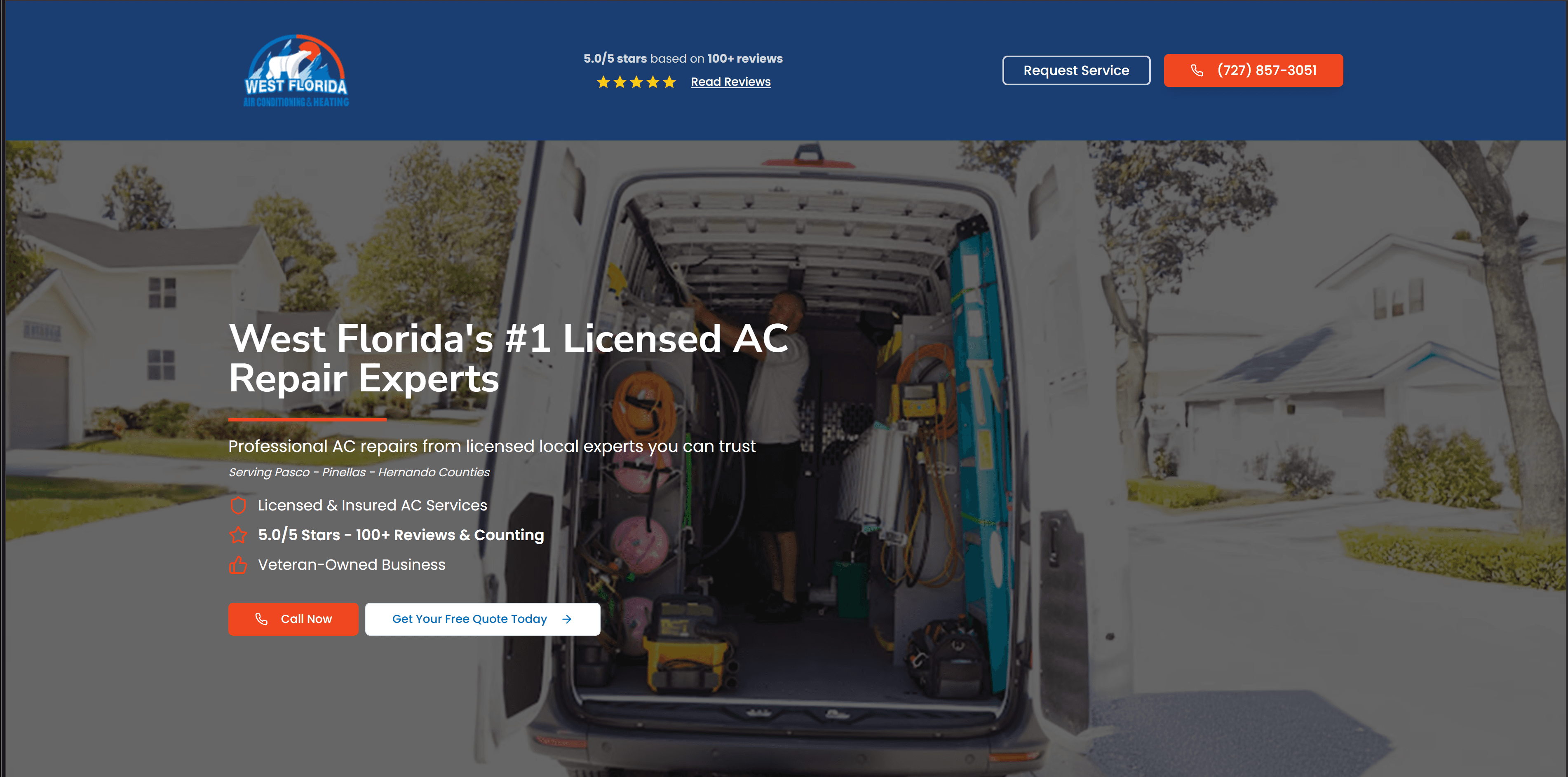 West Florida Air landing page showing click-to-call header, 5.0/5 star reviews, trust badges, and clear call-to-action