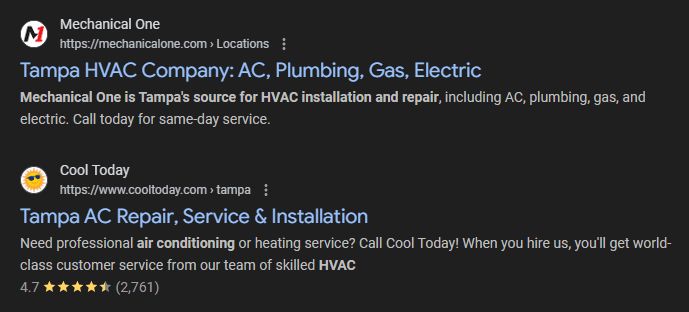 Google search results showing two HVAC companies - one with star ratings visible, one without