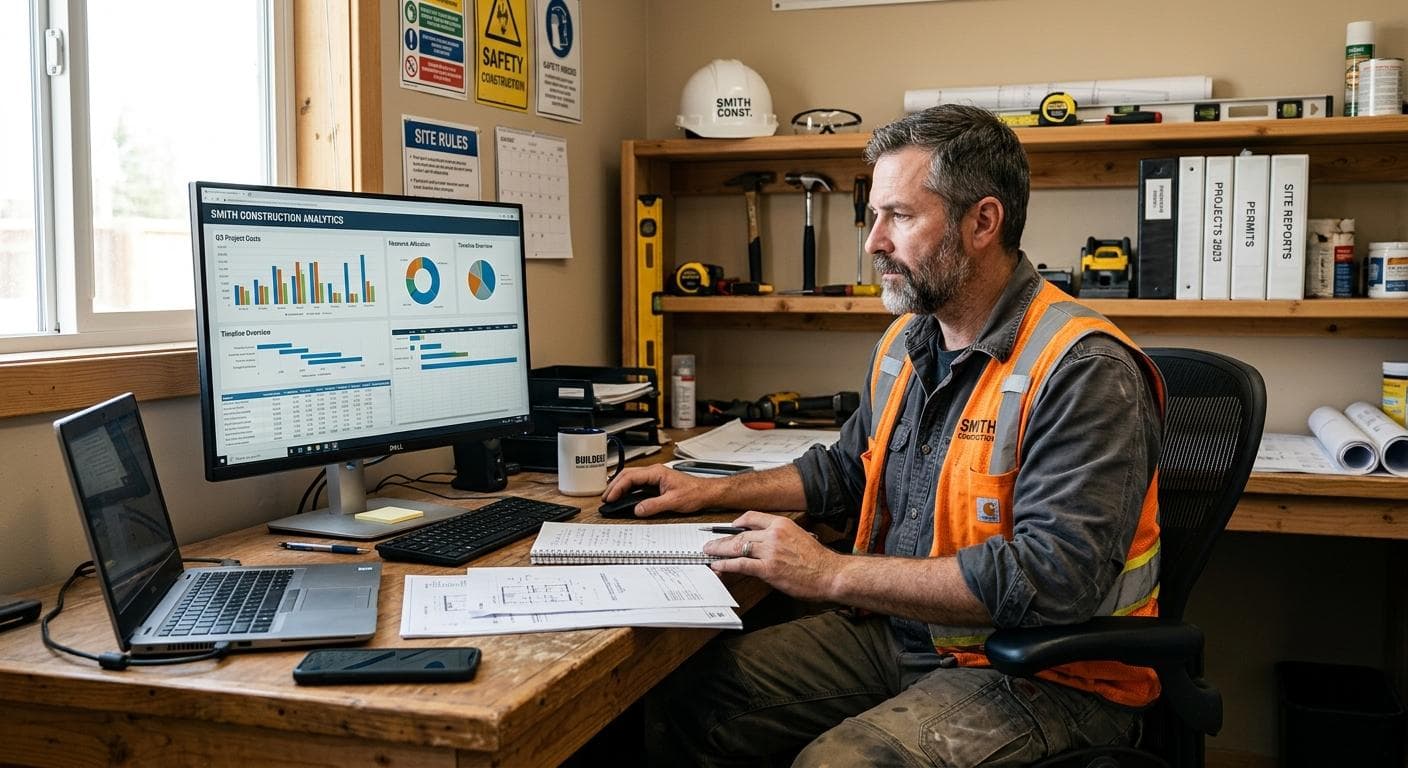 Home service contractor reviewing digital marketing dashboard on laptop