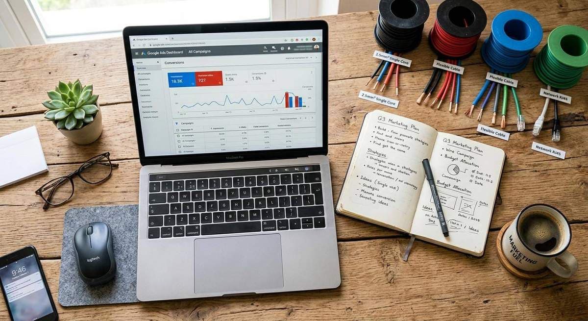 Electrician reviewing Google Ads dashboard on laptop with service van in background