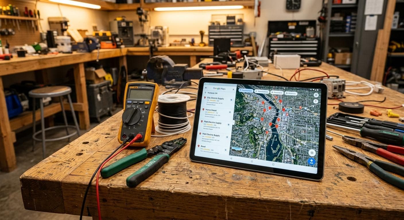 Electrician working on a panel upgrade with Google Maps ranking visible on a phone screen