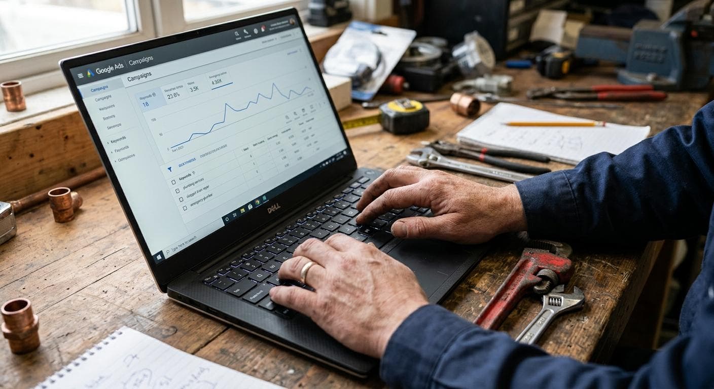Plumber reviewing Google Ads campaign dashboard on laptop showing calls and cost per lead