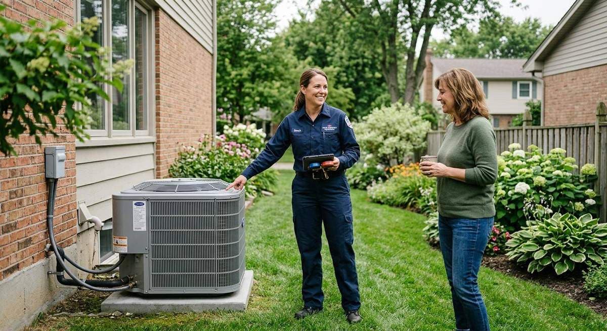 HVAC technician answering a phone call with a schedule board showing booked jobs in the background