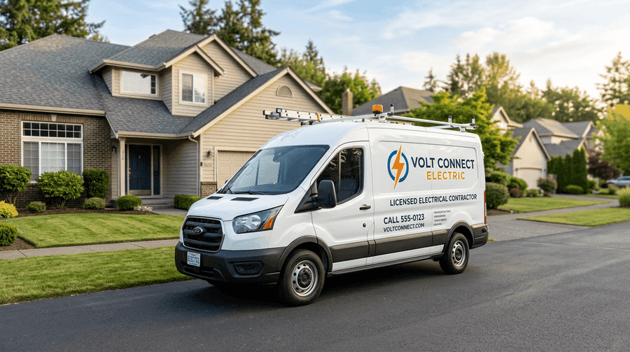Branded electrical contractor van parked in a residential driveway
