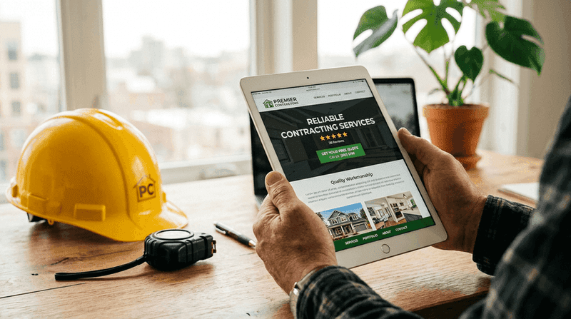 Contractor holding a tablet displaying a modern contractor website with star ratings and call-to-action buttons
