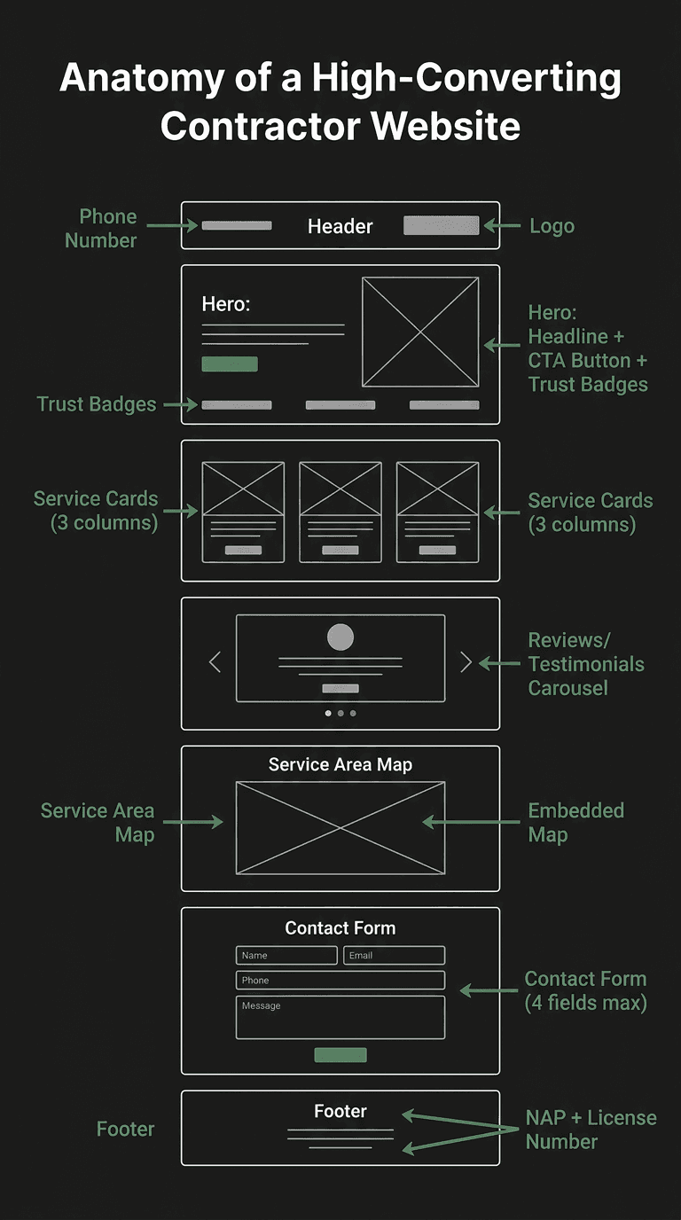 Wireframe diagram showing the anatomy of a high-converting contractor website with labeled sections for header, hero, service cards, reviews, map, contact form, and footer
