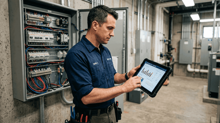 Electrician reviewing marketing analytics on a tablet with electrical panel in background