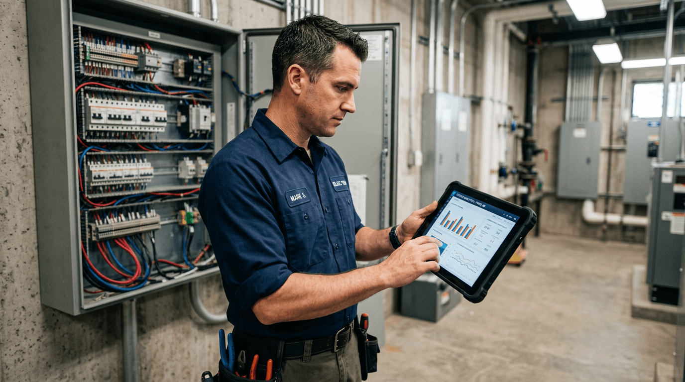 Electrician reviewing marketing analytics on a tablet with electrical panel in background