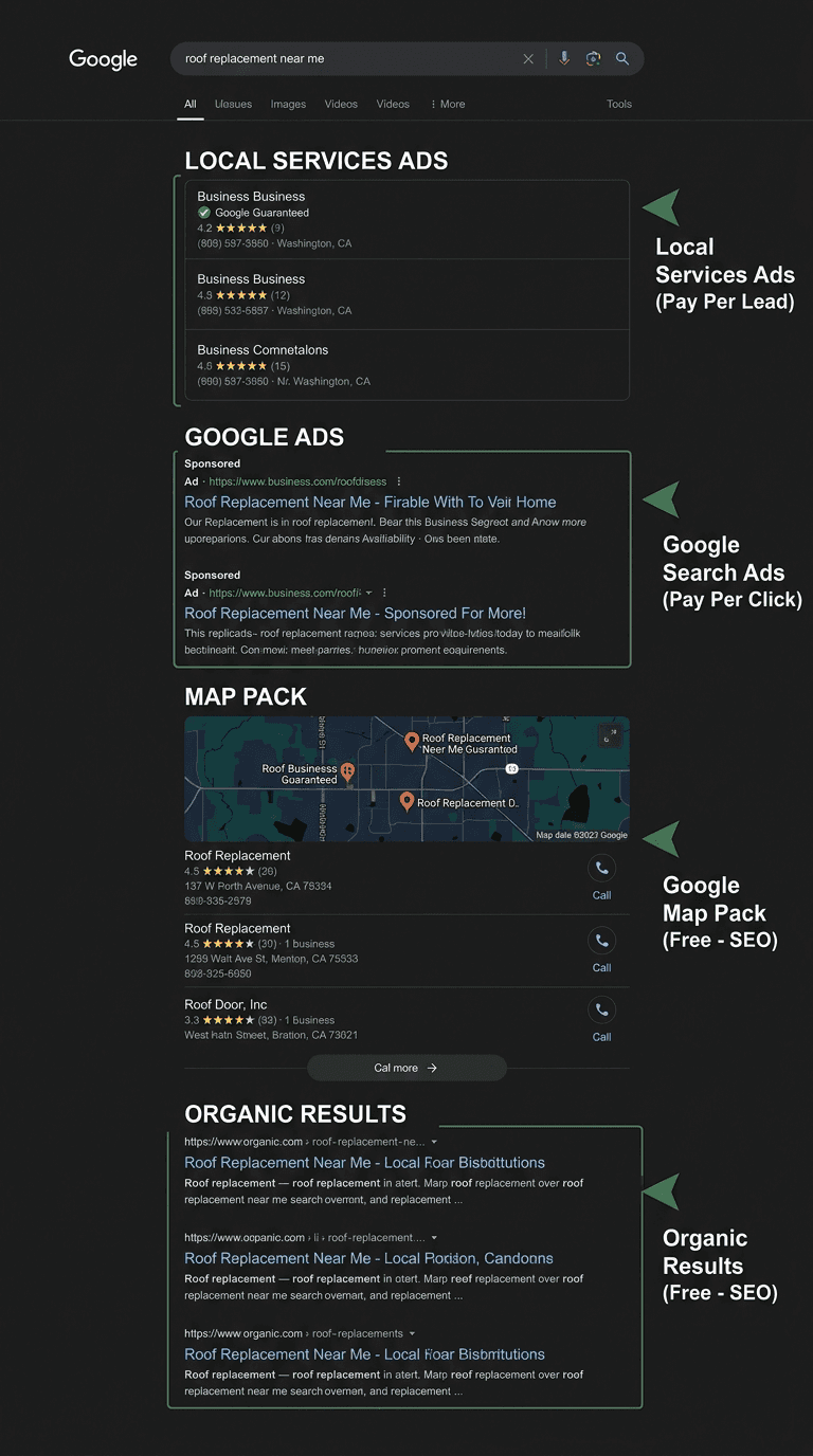 Annotated Google search results page showing Local Services Ads, Google Ads, Map Pack, and organic results for roof replacement near me