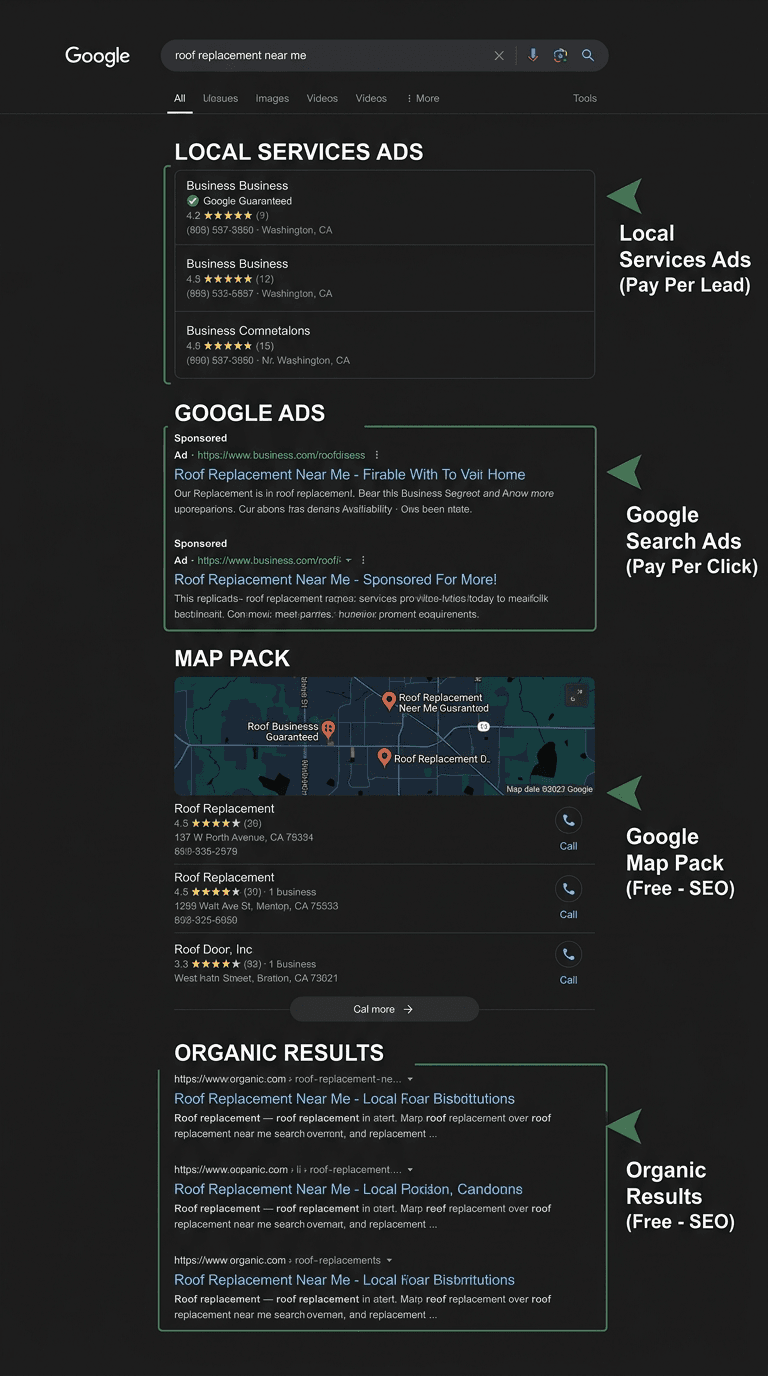 Annotated Google search results page showing Local Services Ads, Google Ads, Map Pack, and organic results for roof replacement near me