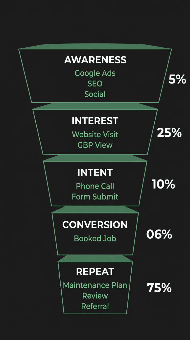 Marketing funnel showing 5 stages from Awareness through Repeat with conversion percentages at each stage