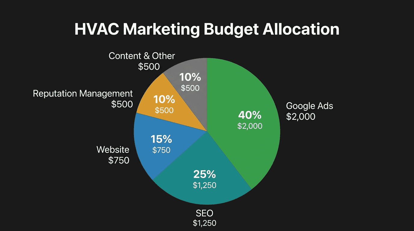 Pie chart showing recommended HVAC marketing budget allocation: Google Ads 40%, SEO 25%, Website 15%, Reputation Management 10%, Content 10%