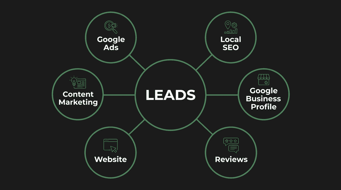Node diagram showing 6 digital marketing channels (Google Ads, Local SEO, GBP, Reviews, Website, Content) connecting to a central Leads hub