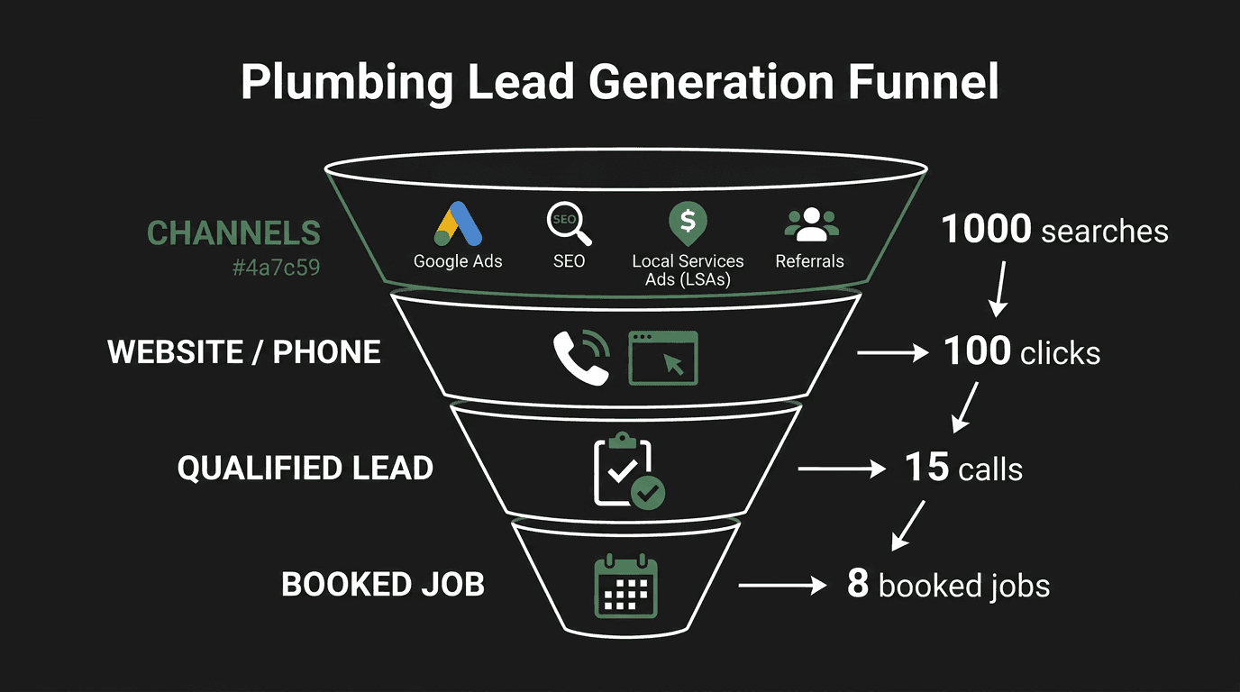 Plumbing lead generation funnel showing channels flowing through website to booked appointments