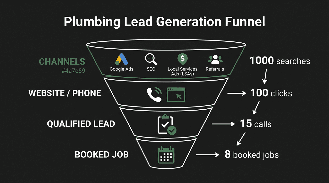Plumbing lead generation funnel showing channels flowing through website to booked appointments