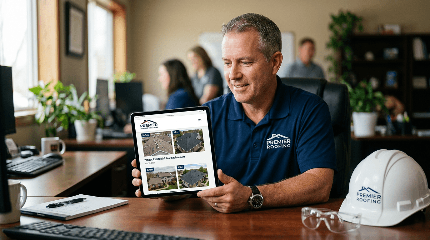 Roofing contractor reviewing their company website on a tablet