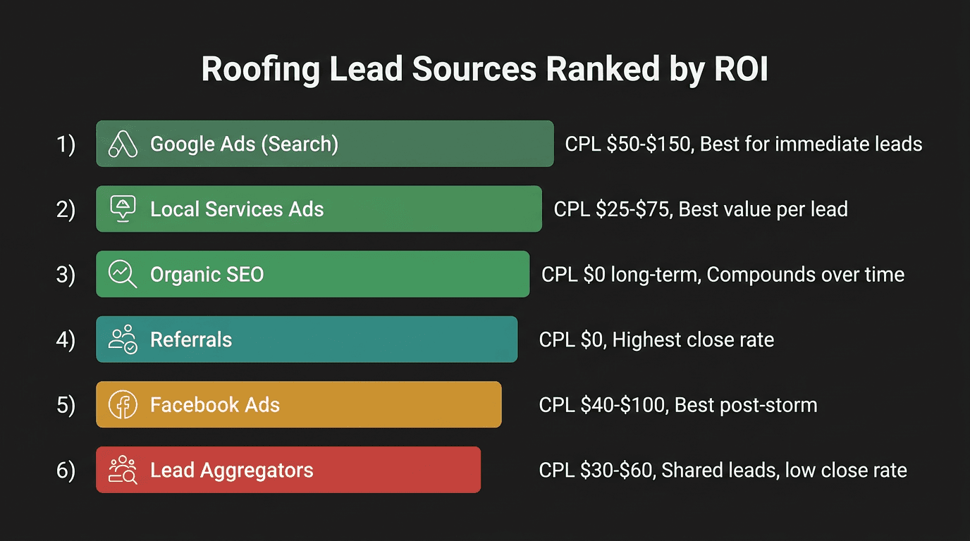 Roofing lead sources ranked by ROI showing referrals, Google Ads, SEO, and social media