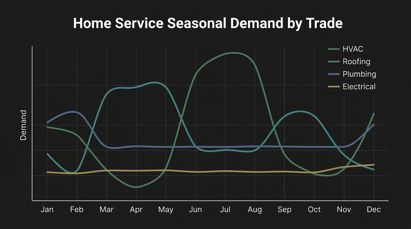 Line chart showing 12-month seasonal demand patterns for HVAC, Roofing, Plumbing, and Electrical trades