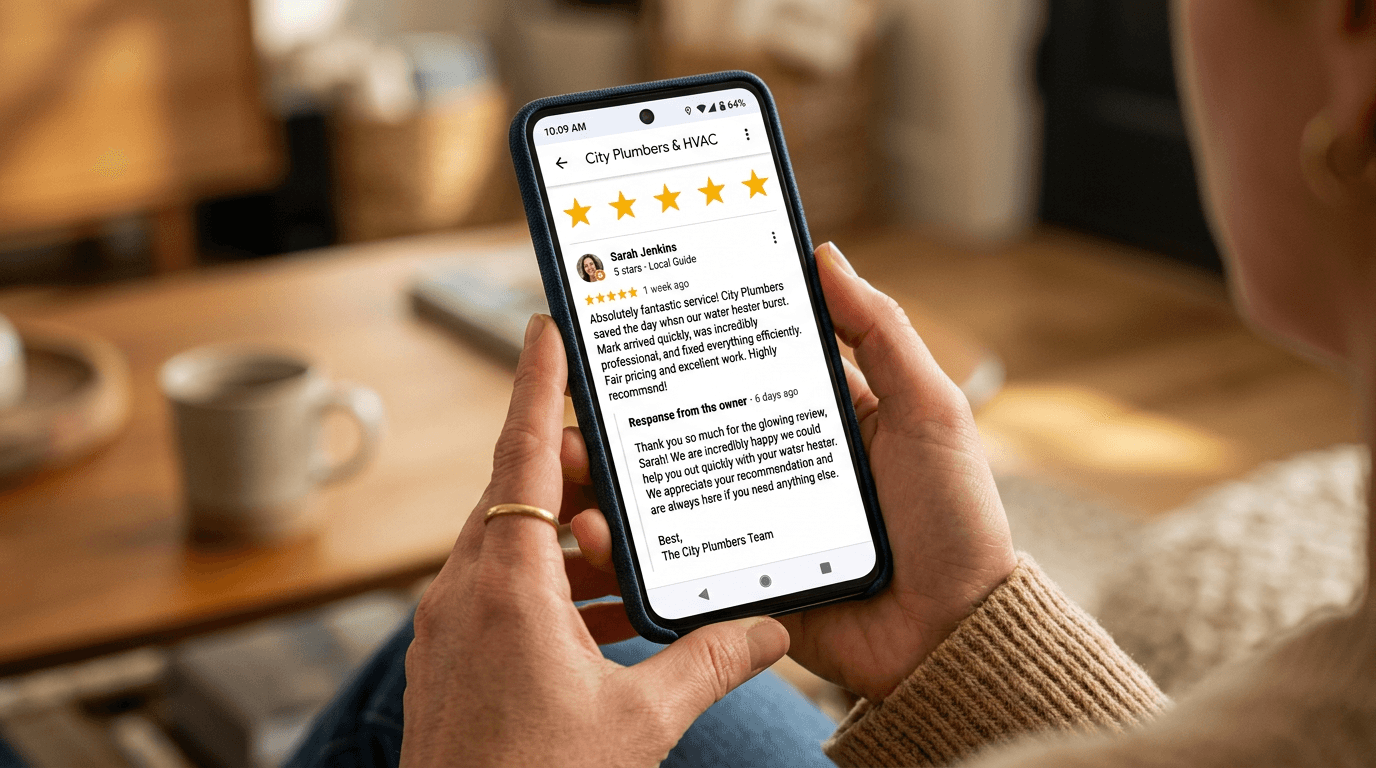 Smartphone displaying a 5-star Google review with a business owner response