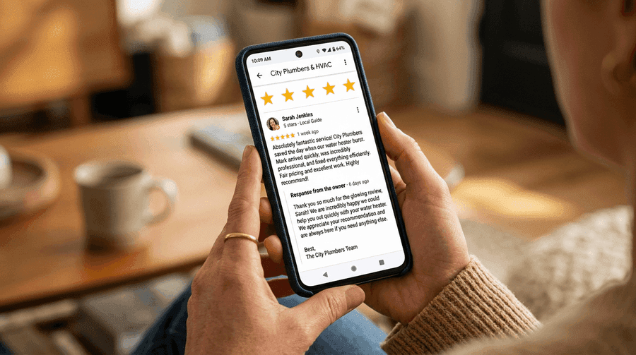 Smartphone displaying a 5-star Google review with a business owner response