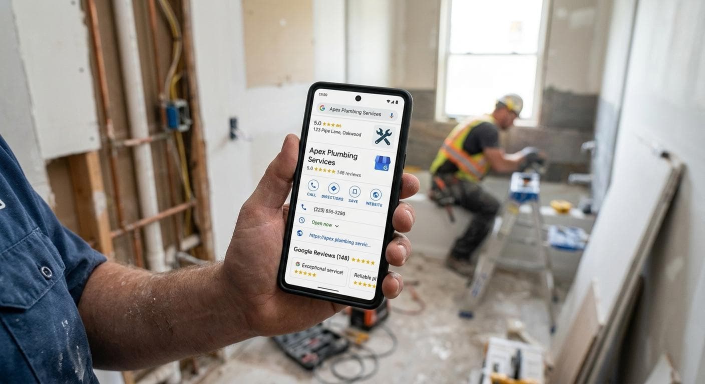 Plumber reviewing Google Maps rankings on a phone while standing next to a service van