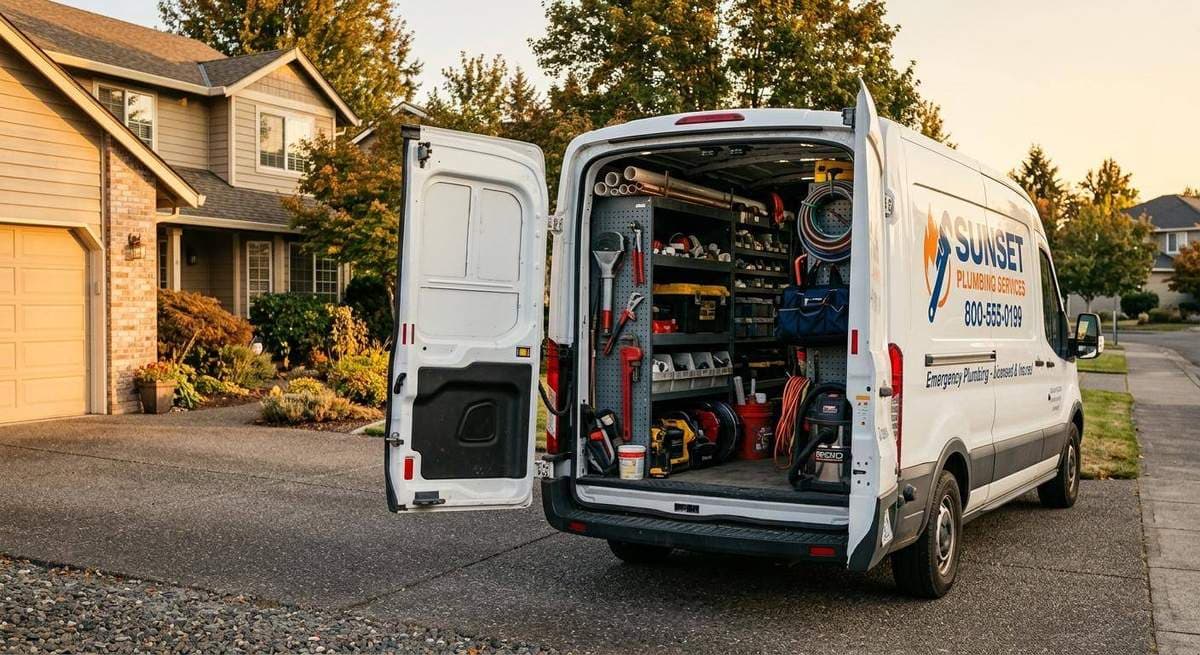 Plumber reviewing Google Ads dashboard on laptop with service van in background