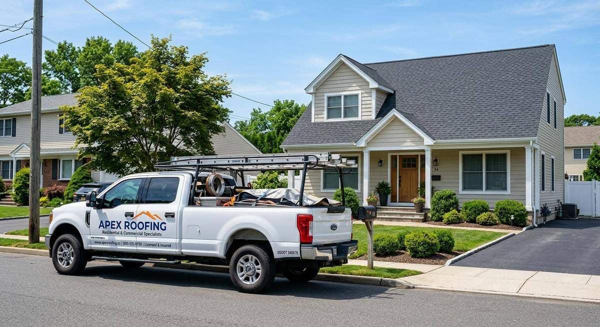 Roofer on rooftop with Google Ads and social media advertising graphics