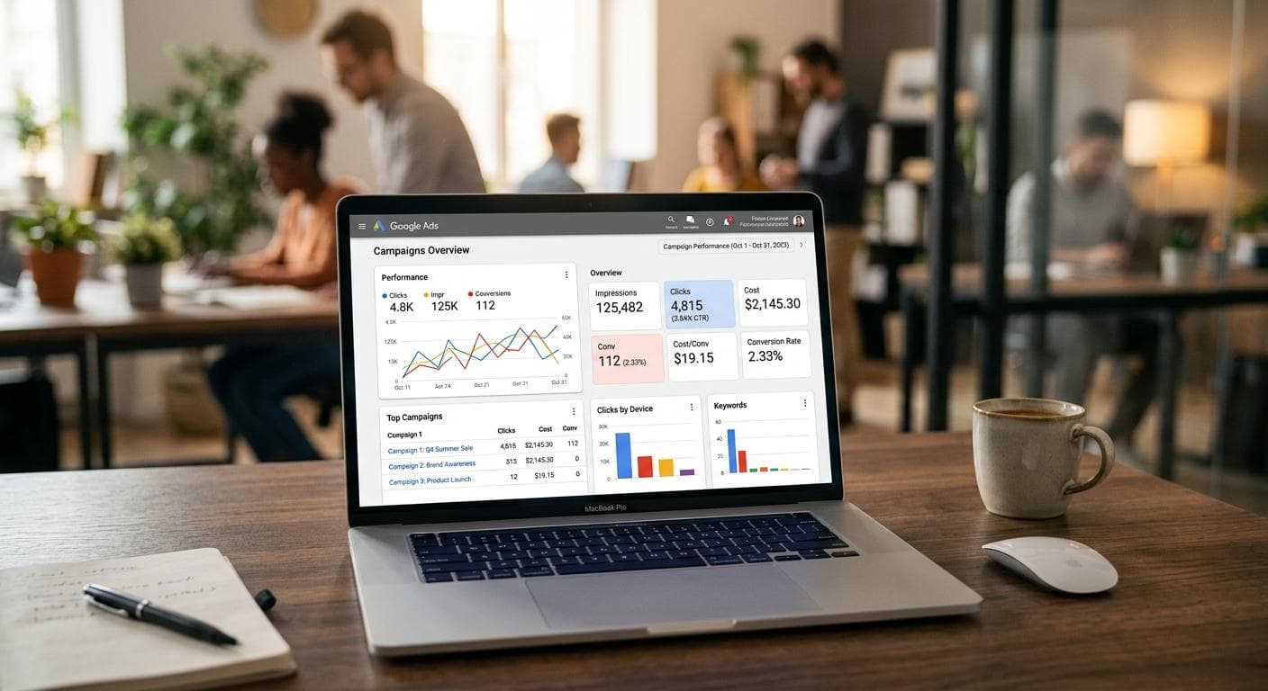 Roofer reviewing Google Ads campaign dashboard on a laptop showing clicks, conversions, and cost per lead