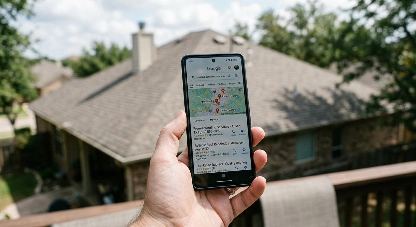 Aerial view of residential rooftop with roofer working on shingles
