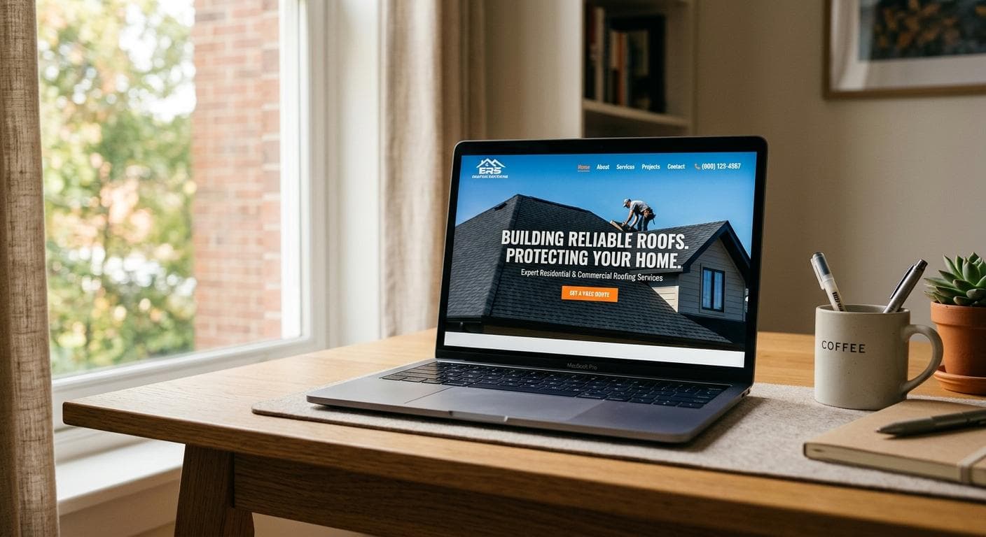 Modern roofing contractor website displayed on laptop and smartphone