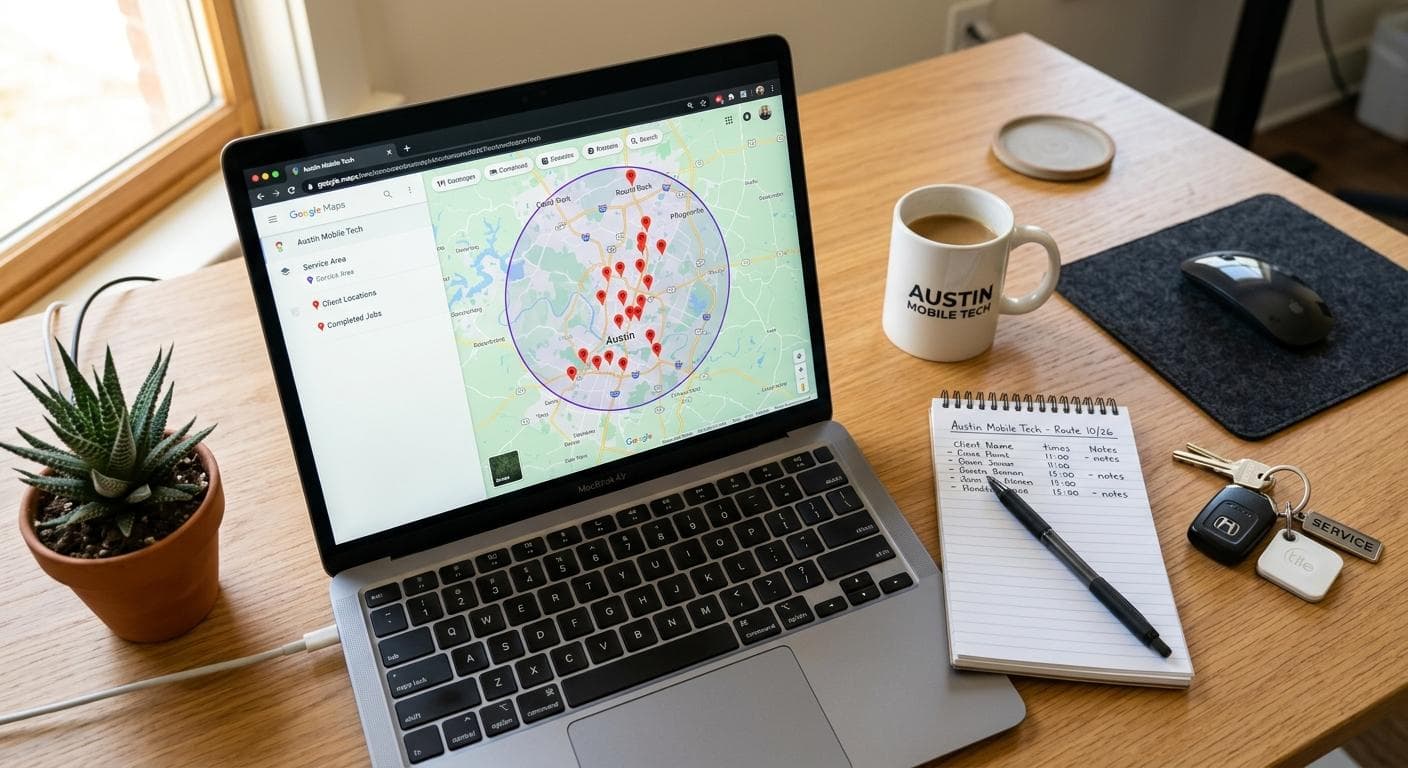 Plumber checking Google Maps rankings on a phone inside a service van with no storefront address shown