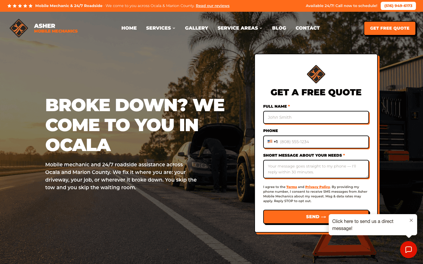 Screenshot of the Asher Mobile Mechanics website
