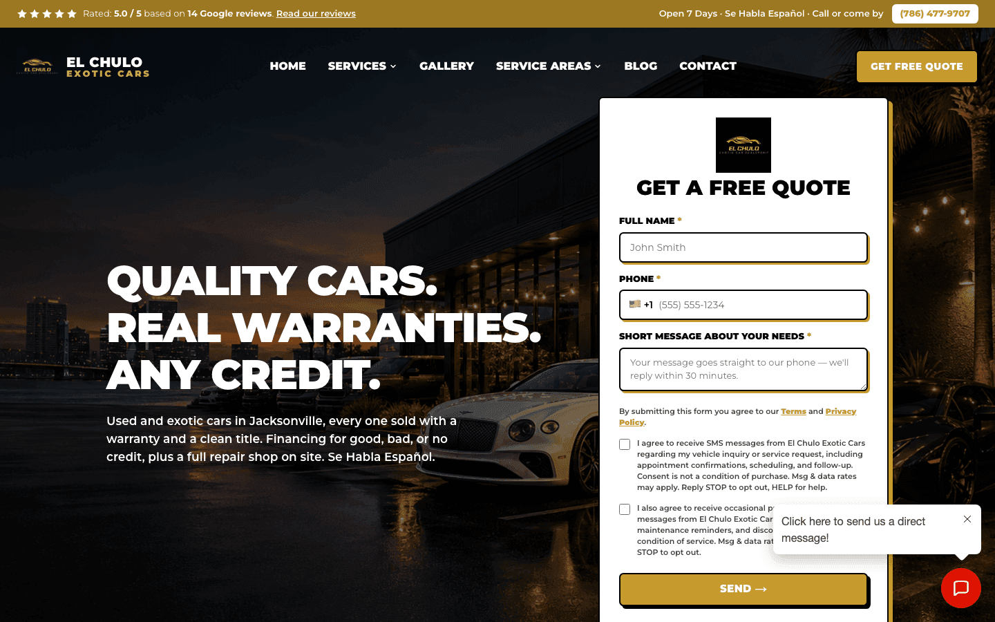 Screenshot of the El Chulo Exotic Cars website