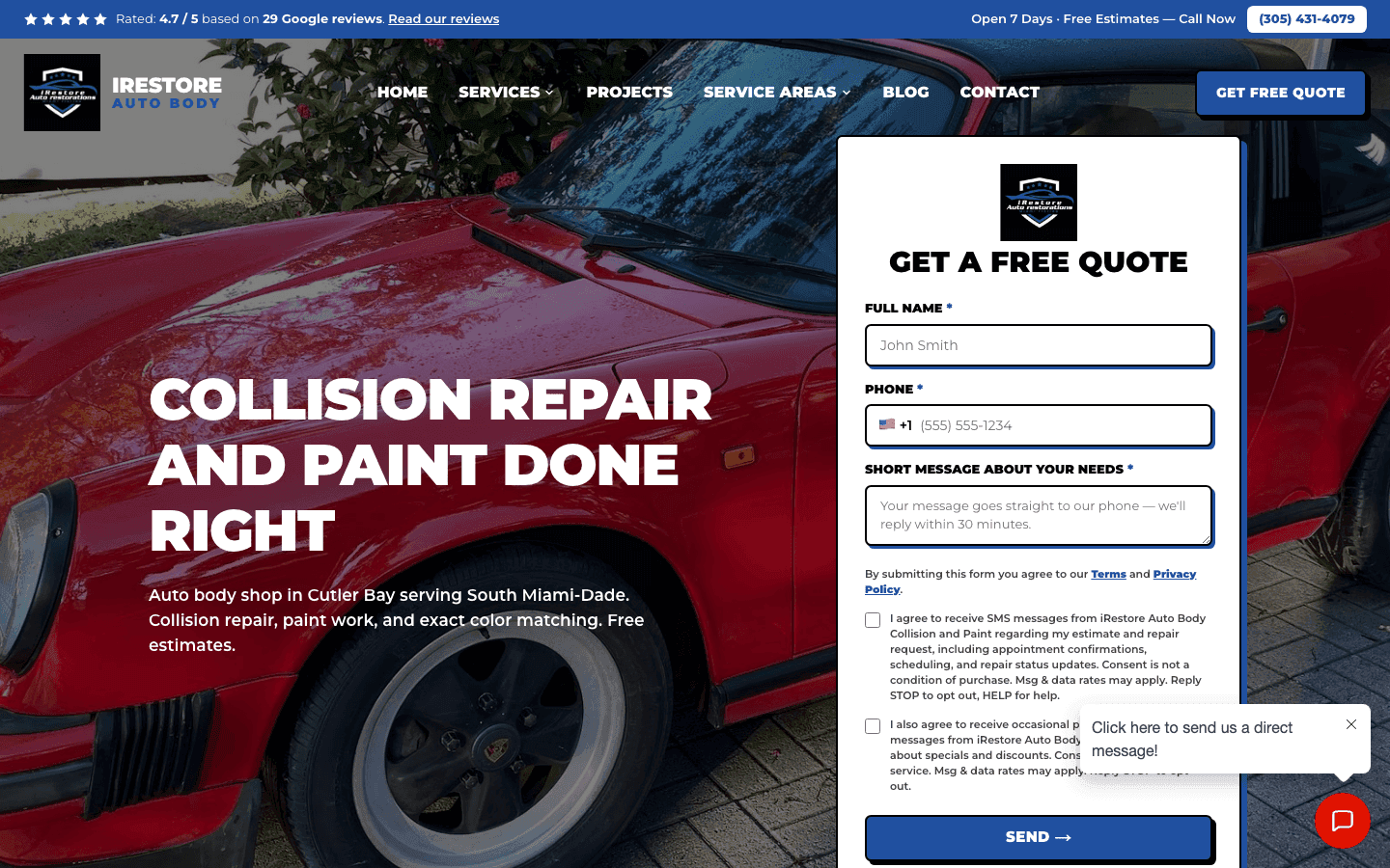 Screenshot of the iRestore Auto Body website
