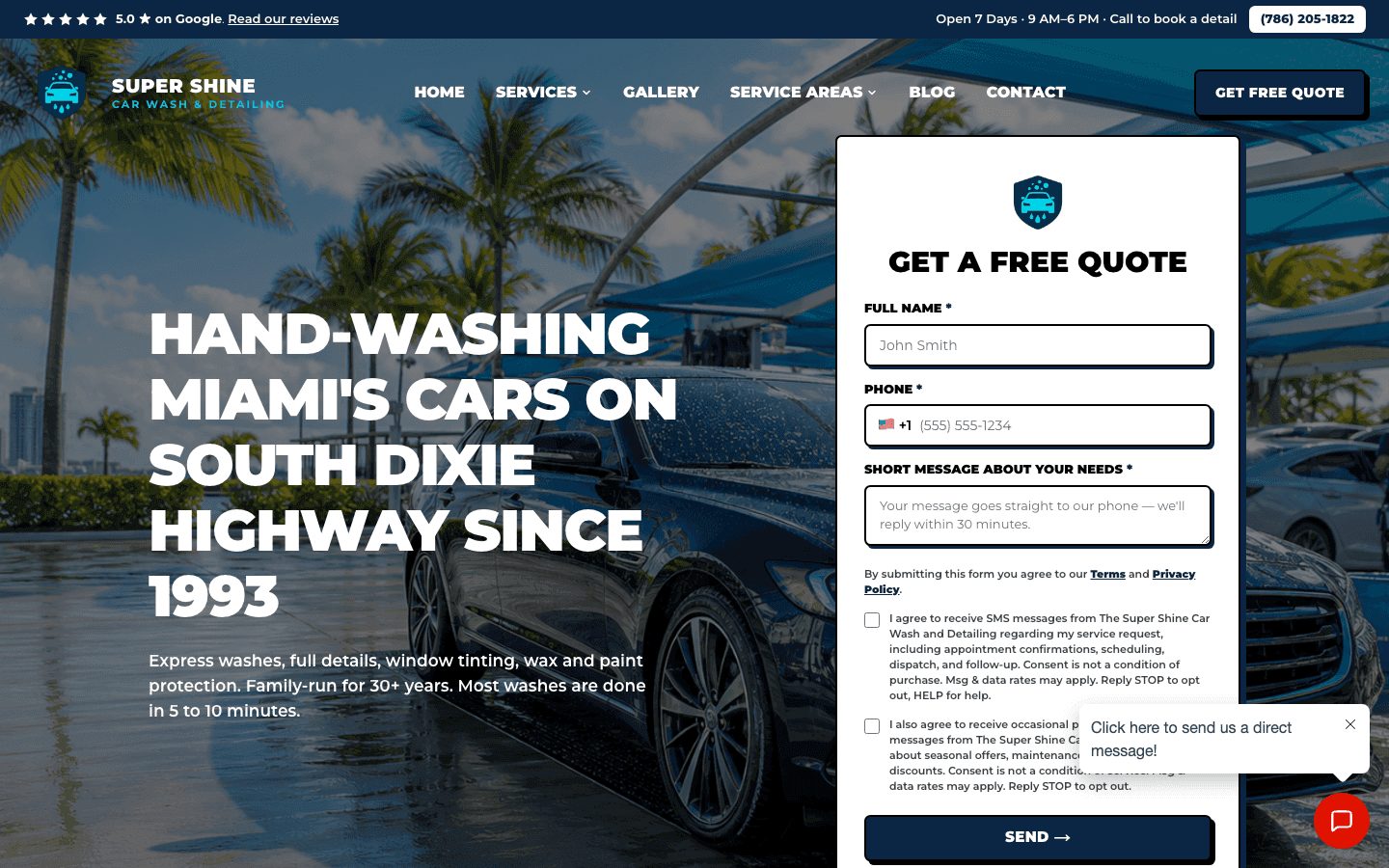 Screenshot of the Super Shine Car Wash website