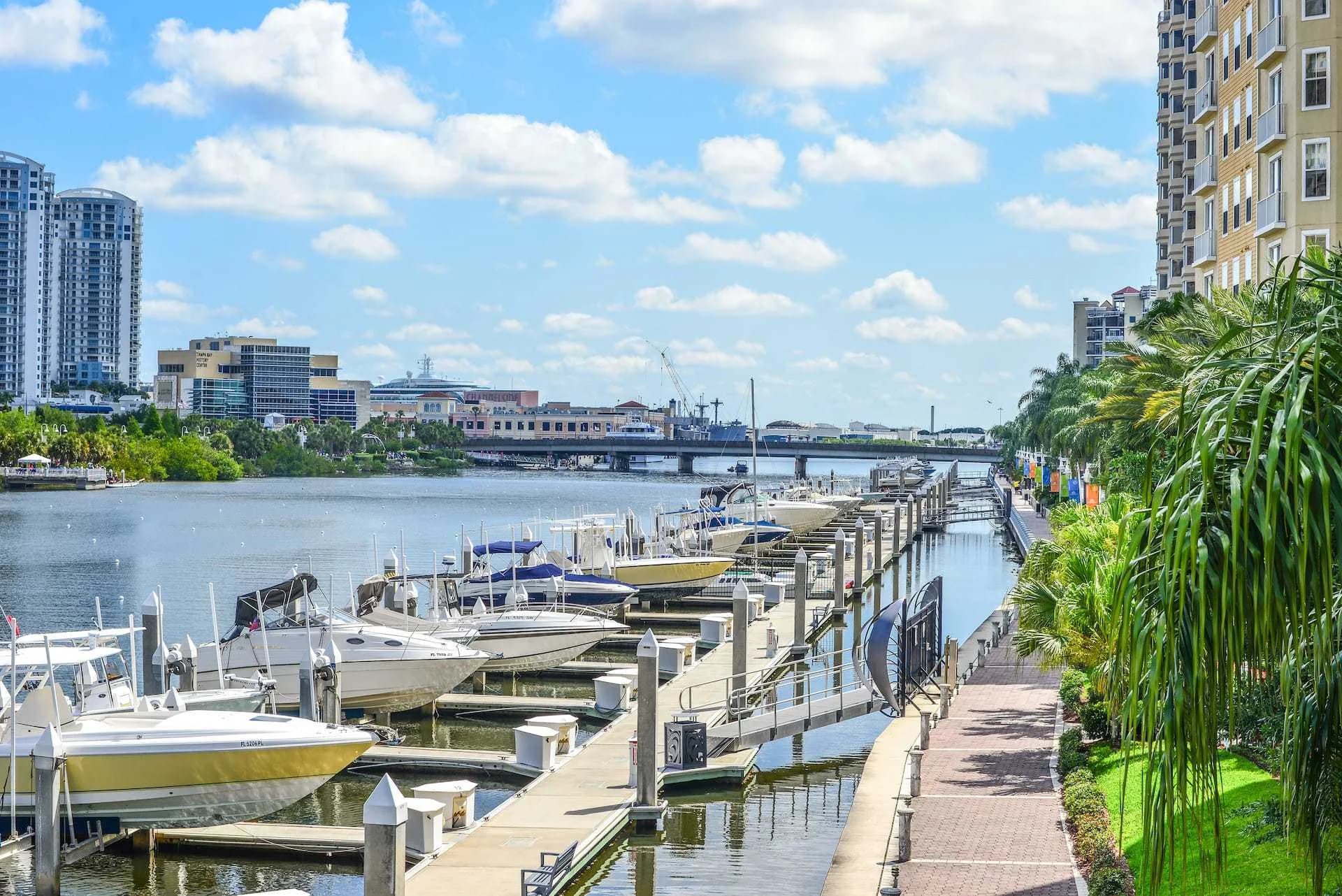 Tampa Bay waterfront marina with boats and downtown skyline