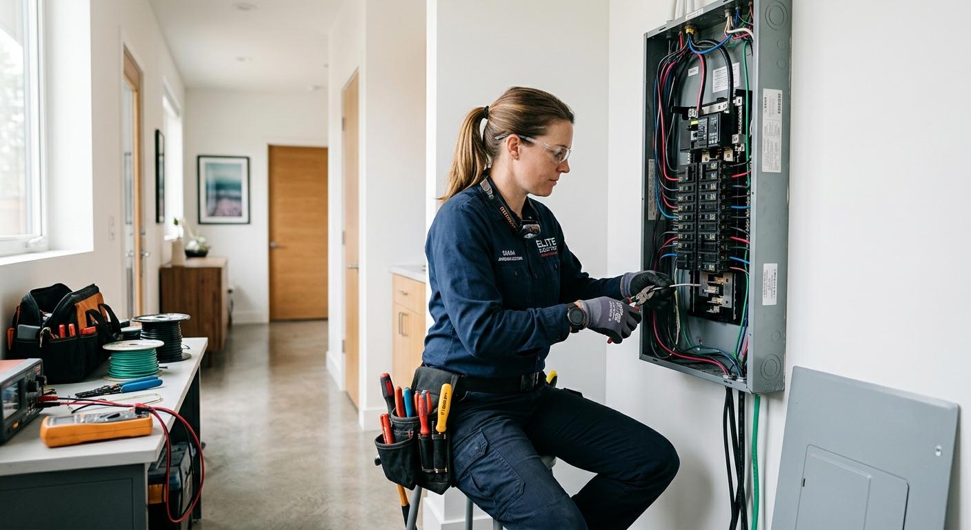 Residential electrician inspecting wiring inside an open breaker panel for an electrical service call